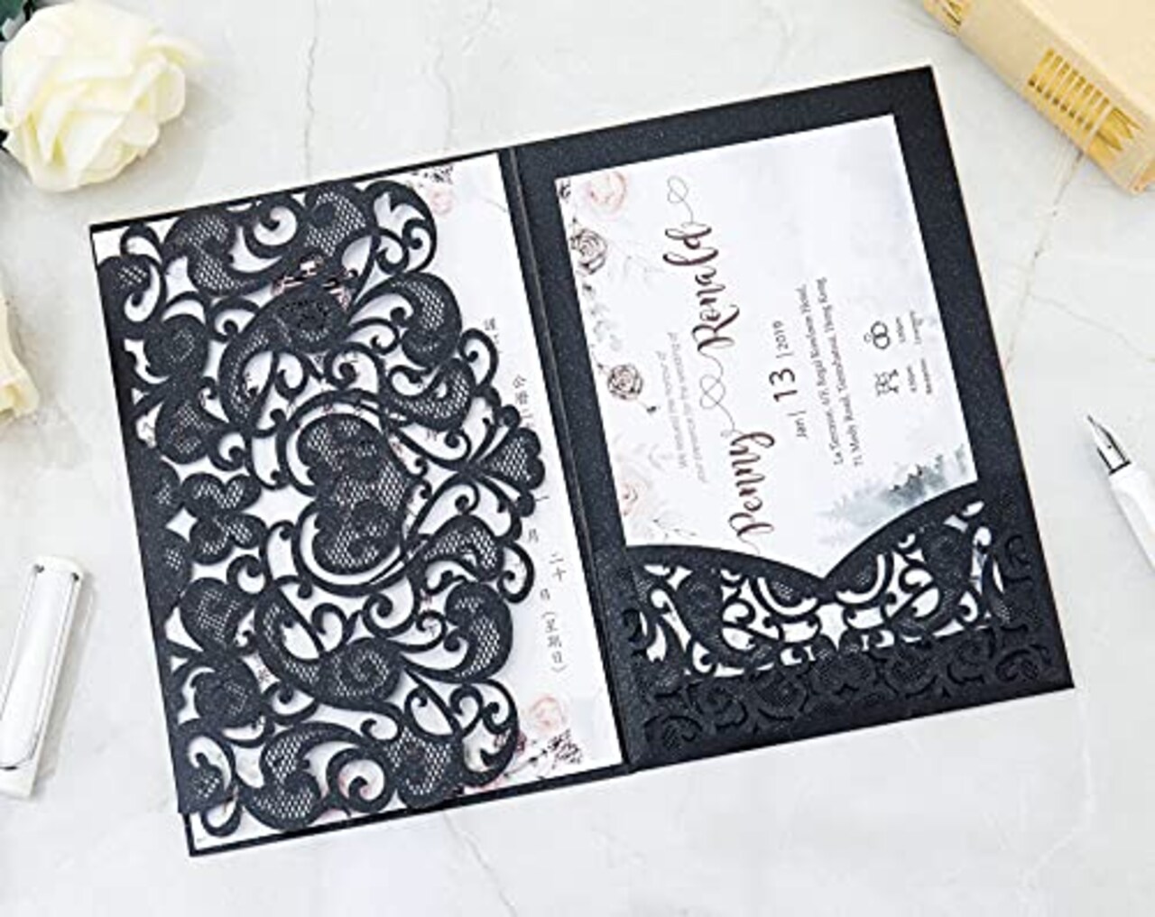50 Sets Tri fold Love Hollow Laser cut Pocket Wedding Invite Invitation Card Jacket for Party Birthday Quinceañera Invite 4.92 by 7.28 inches (Black, Only Invitation cover)
